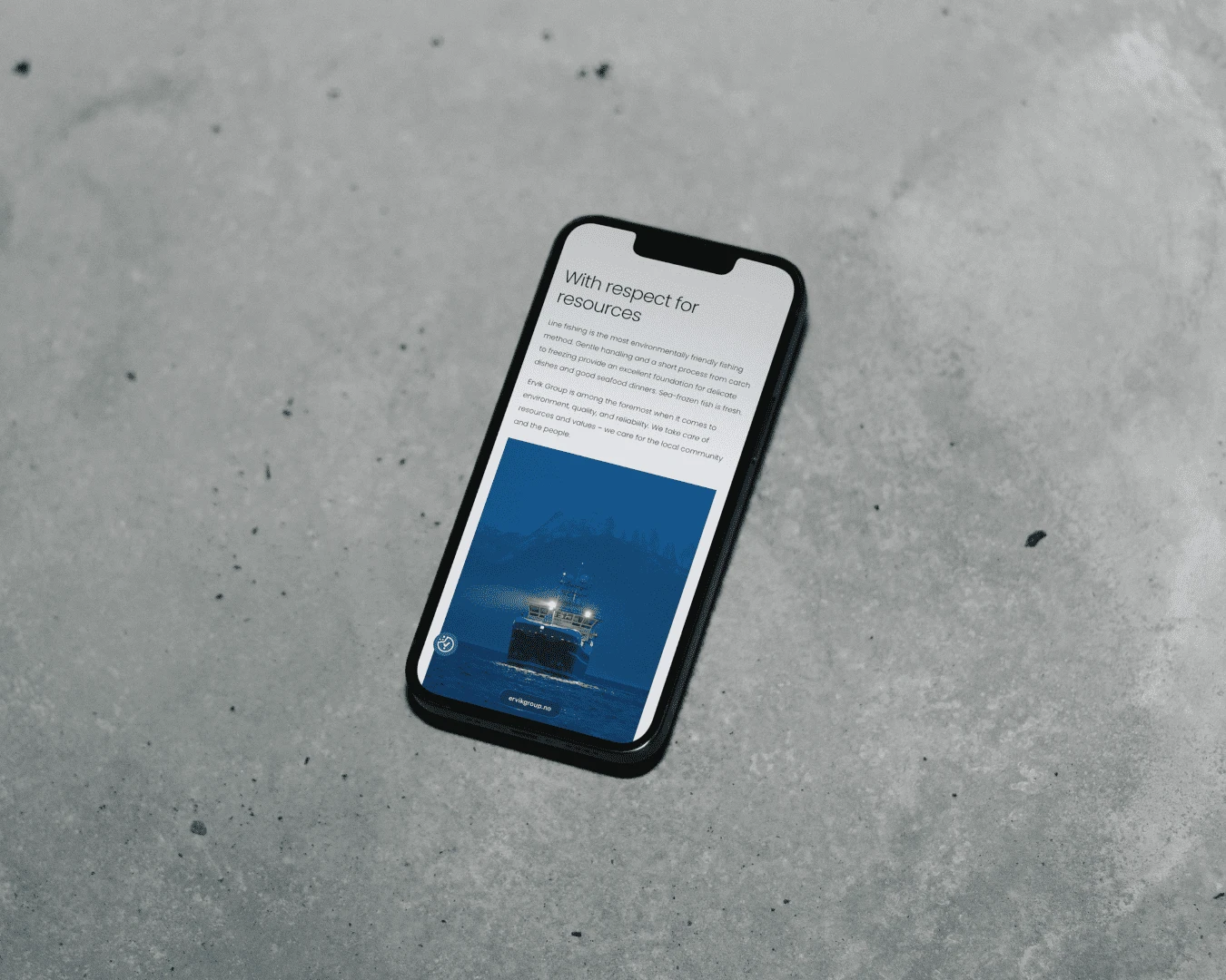 Nettsiden til Ervik Group vist på mobil