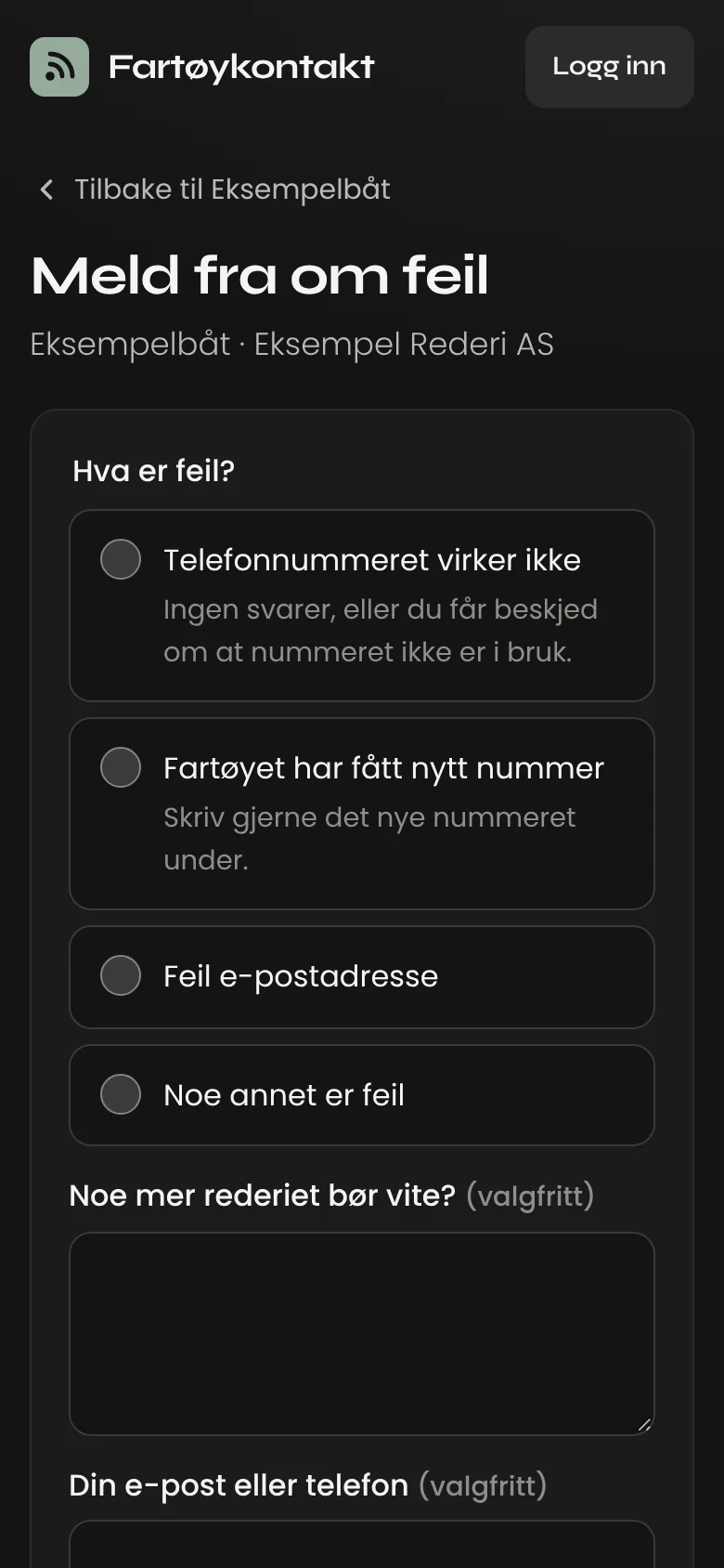 Skjemaet Meld fra om feil