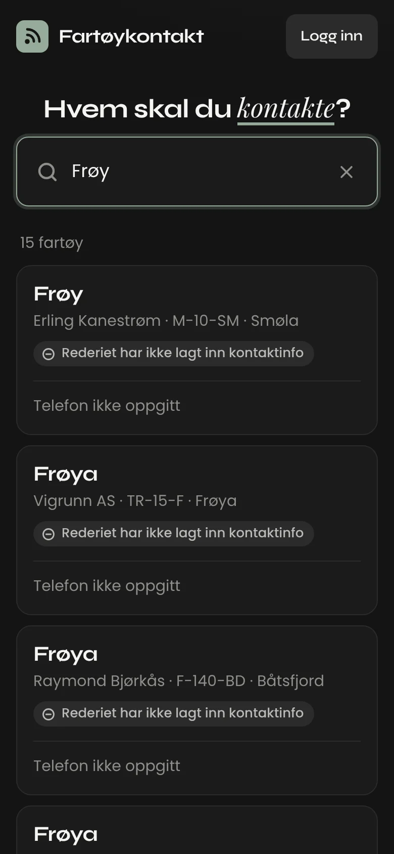 Søk på fartøynavn i Fartøykontakt