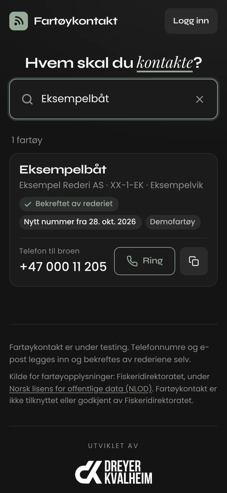 Søketreff med telefon til broen og knappene Ring og Kopier